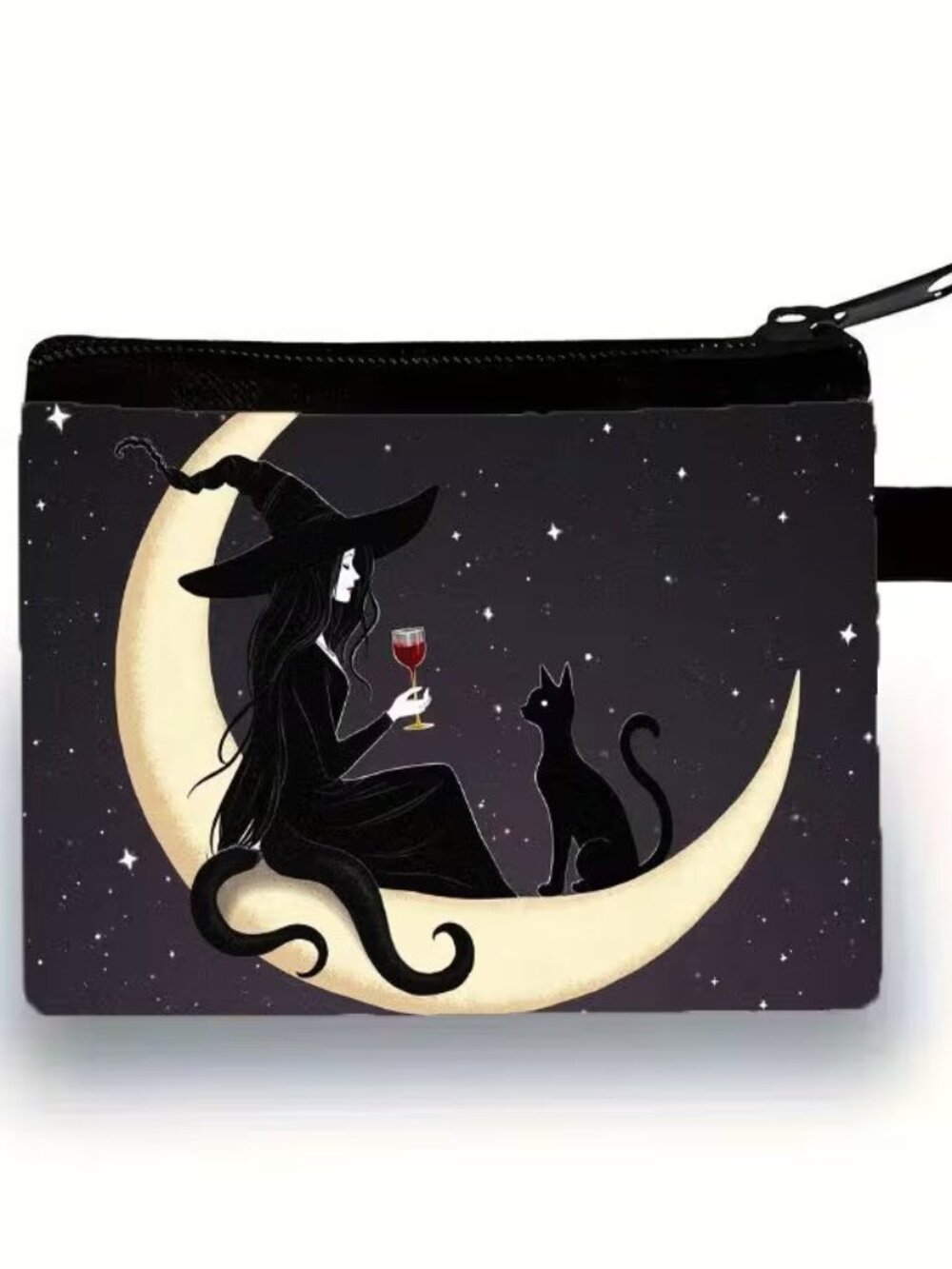 Halloween Gothic Witch w Red Wine and Cat Makeup Bag Double-Sided 4.1"h x 5.5"w
